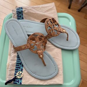 Tory Burch Light Blue and Tan Sandals, Size 7, great used condition
